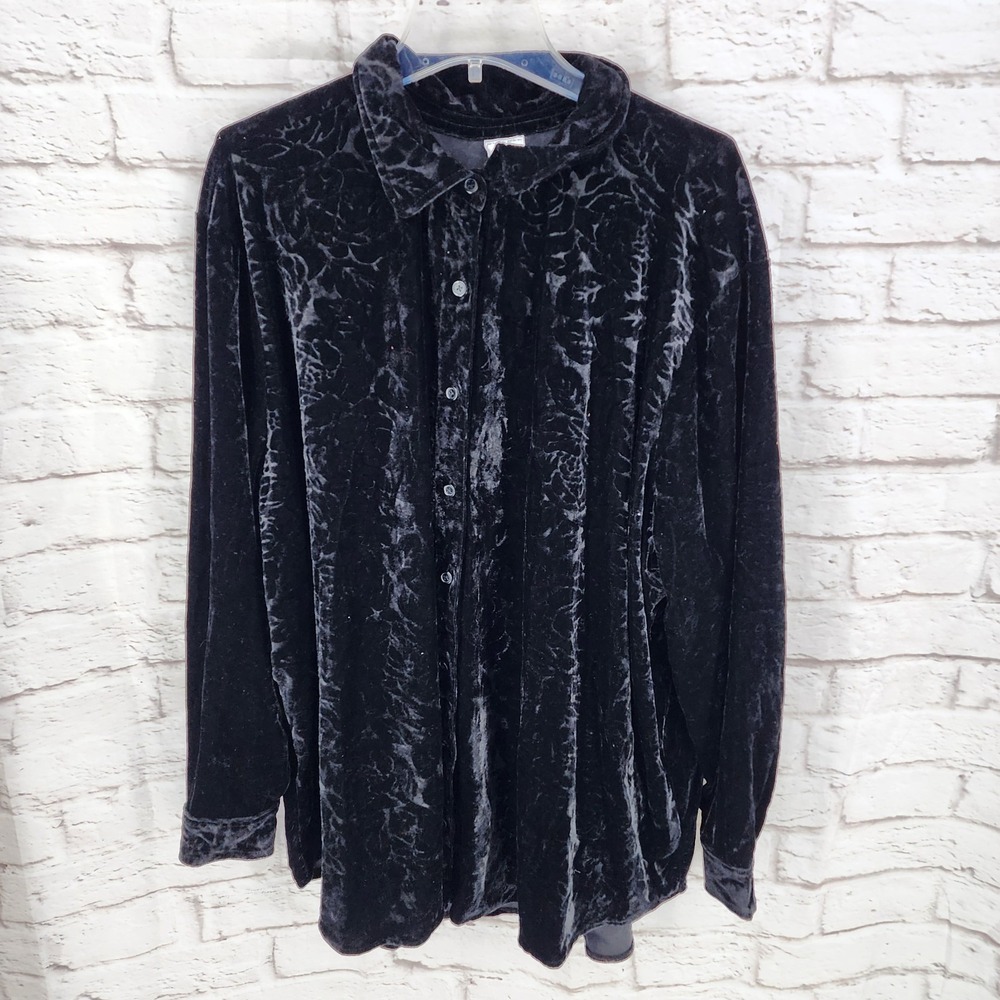 JMS Crushed Velvet Button Top Gothic Whimsy Dark Romance Vamp Rose Black Size 4X